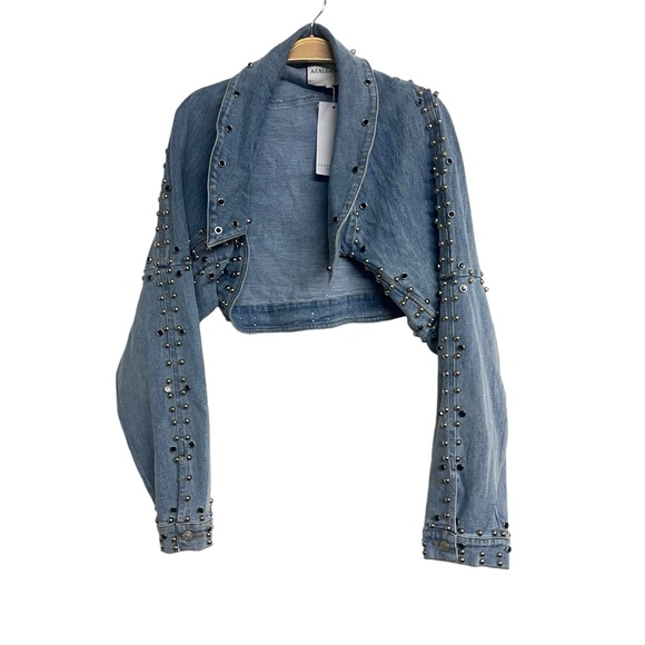 New Azalea Wang Alex Denim Draped Studded Jacket - Picture 3 of 8
